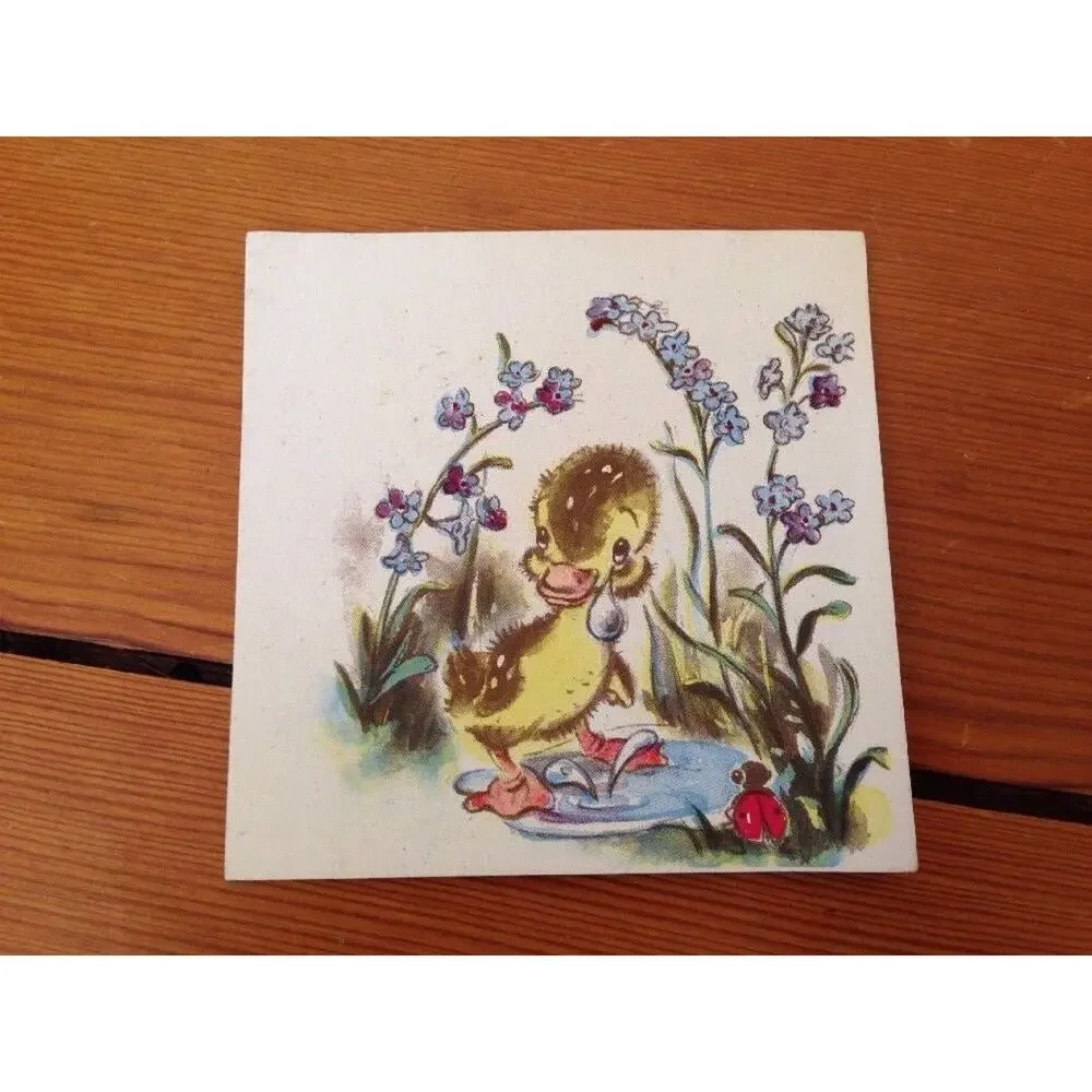 Vtg 1946 Brownie Fuzzy Crying Yellow Duck Duckling in Pond Blank Greeting Card